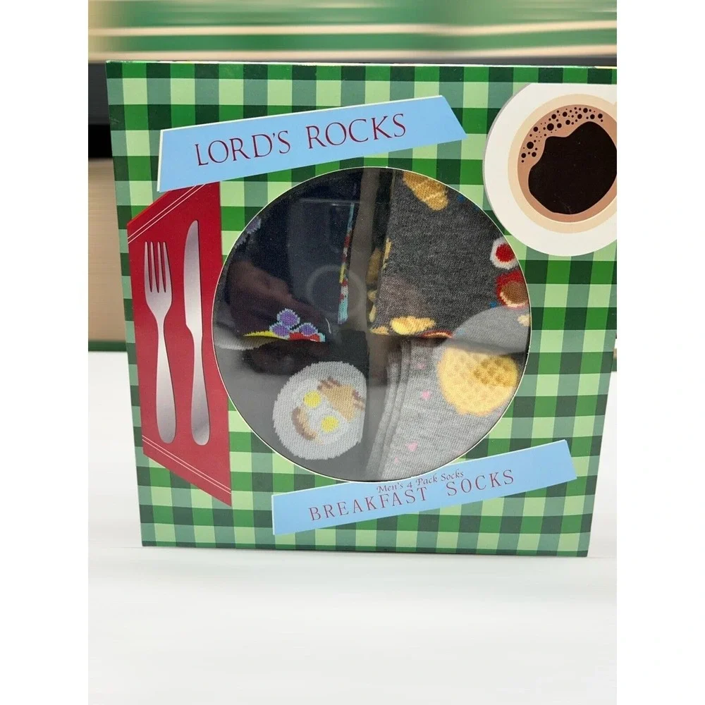 Mens Novelty Socks 4 Pack Breakfast Theme Gift Set Eggs Toast Coffee Funny Socks